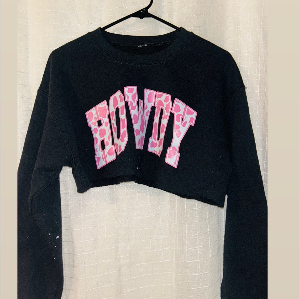 Black Cropped Hoodie with Pink Lettering